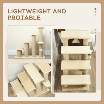 Pet Stairs, Cat Tree Climb Ladder with 4-step Stair, Scratching Posts, Platforms, Toy Ball, for Indoor Cats, Beige
