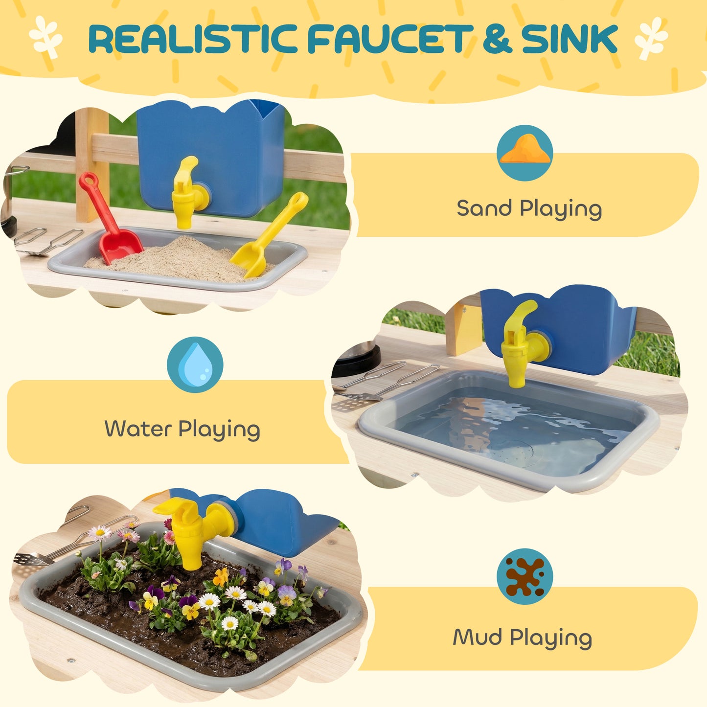 Mud Kitchen with Real Water Faucet Natural Wood