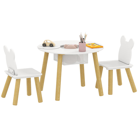 3 Pieces Toddler Table and Chair Set with Centre Mesh Bag, Kids Activity Table Set with Bear-Shaped Backrest, for Arts and Crafts, Reading, Dining, Ages 3-6 Years, White