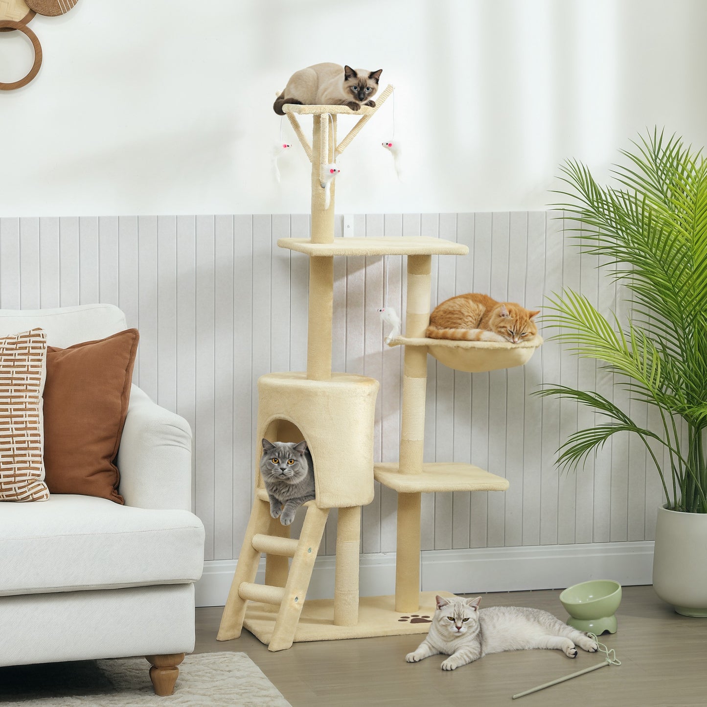 Cat Tree for Indoor Cats, 134cm Scratching Post Climbing Tower, Beige