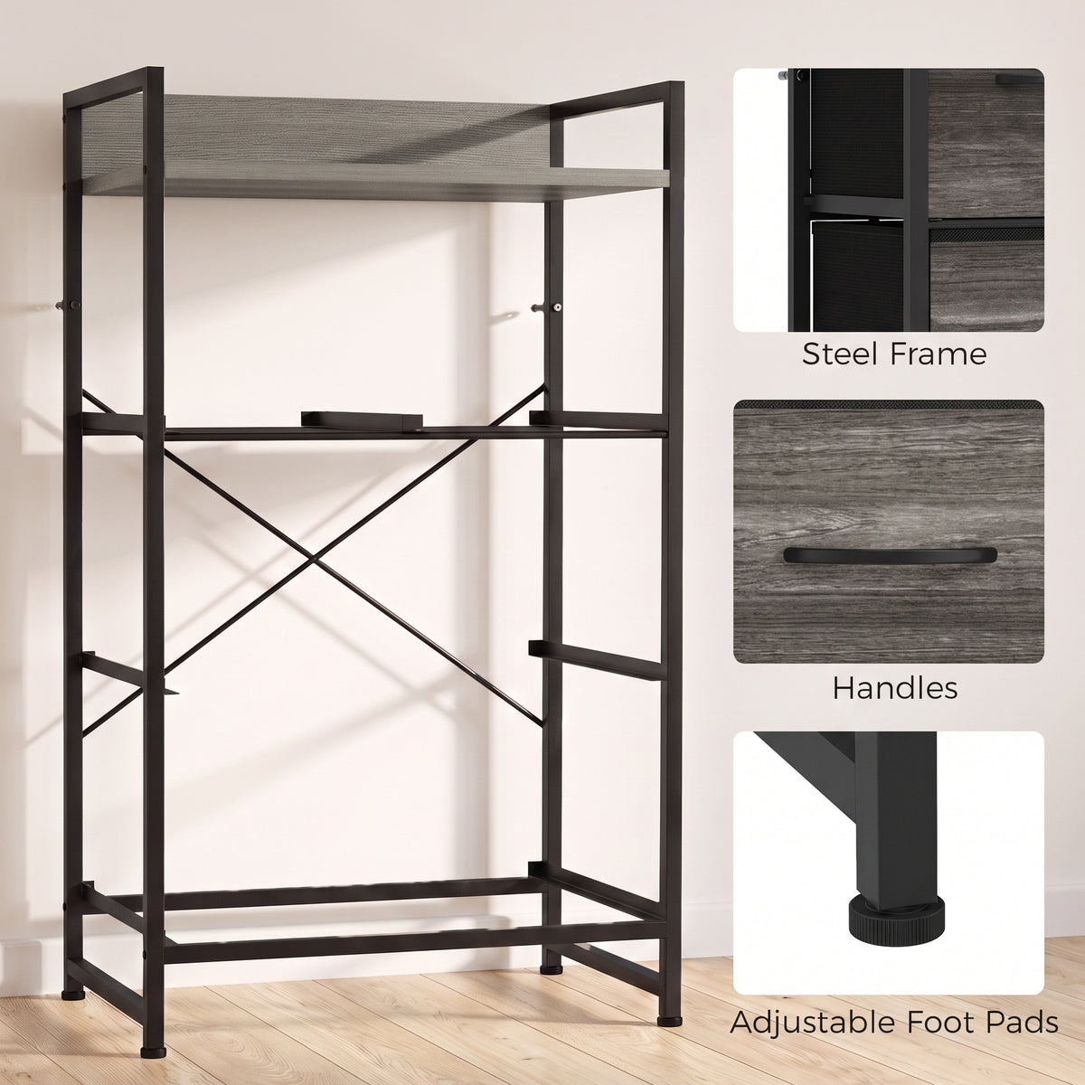4-Drawer Fabric Chest with Top Shelf and Steel Frame - Grey & Black