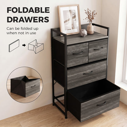 4-Drawer Fabric Chest with Top Shelf and Steel Frame - Grey & Black