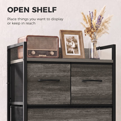 4-Drawer Fabric Chest with Top Shelf and Steel Frame - Grey & Black