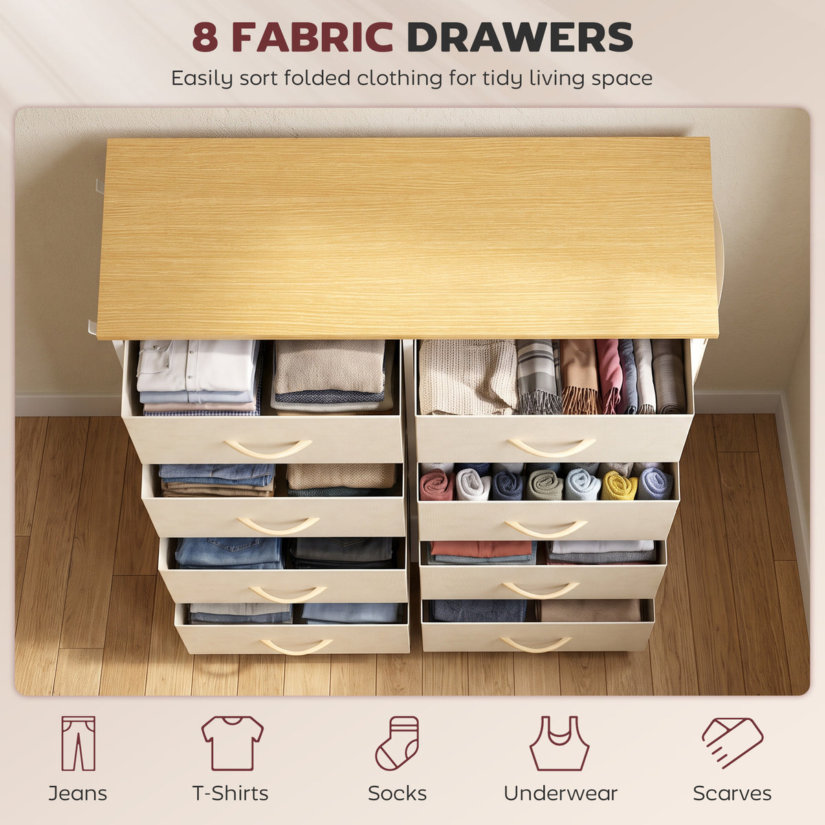 Fabric Chest of Drawers, 8 Drawer Dresser for Bedroom, Beige