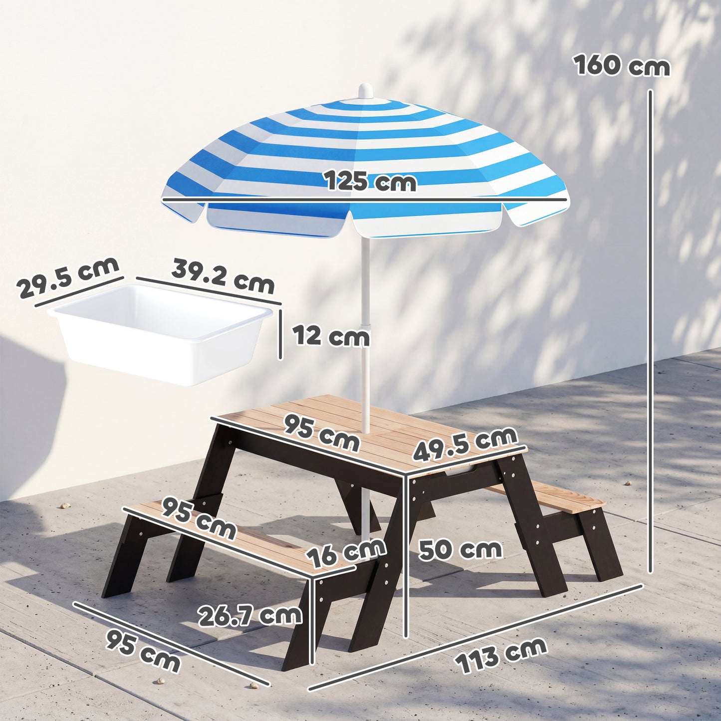 Picnic Table for Kids with Sunshade Parasol, 3 in 1 Wooden Sand and Water Table with 2 Hidden Play Boxes, Kids Garden Furniture for Patio, Garden, Ages 3-6, Natural Wood