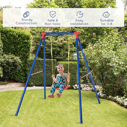 Metal Swing Set w/ Adjustable Rope A-Frame Stand Outdoor Playset