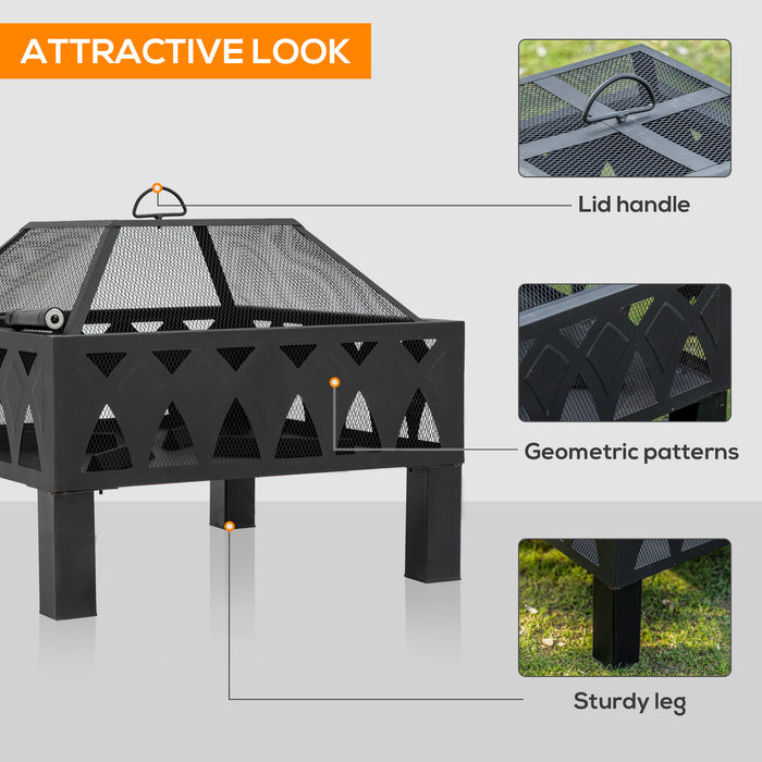 Outdoor Fire Pit with Screen Cover, Wood Burner, Log Burning Bowl with Poker for Patio, Backyard, Black