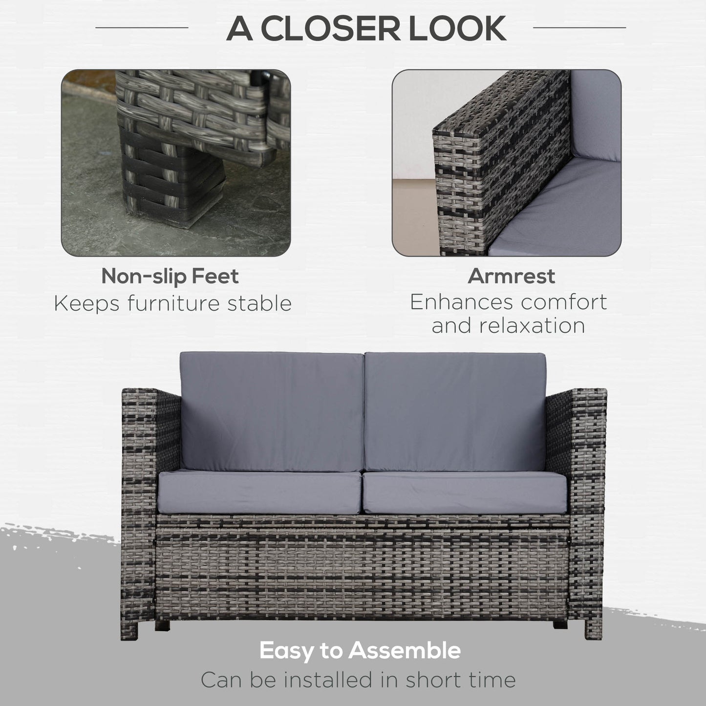 Rattan Wicker 2-seat Sofa Loveseat Padded Garden Furniture Grey