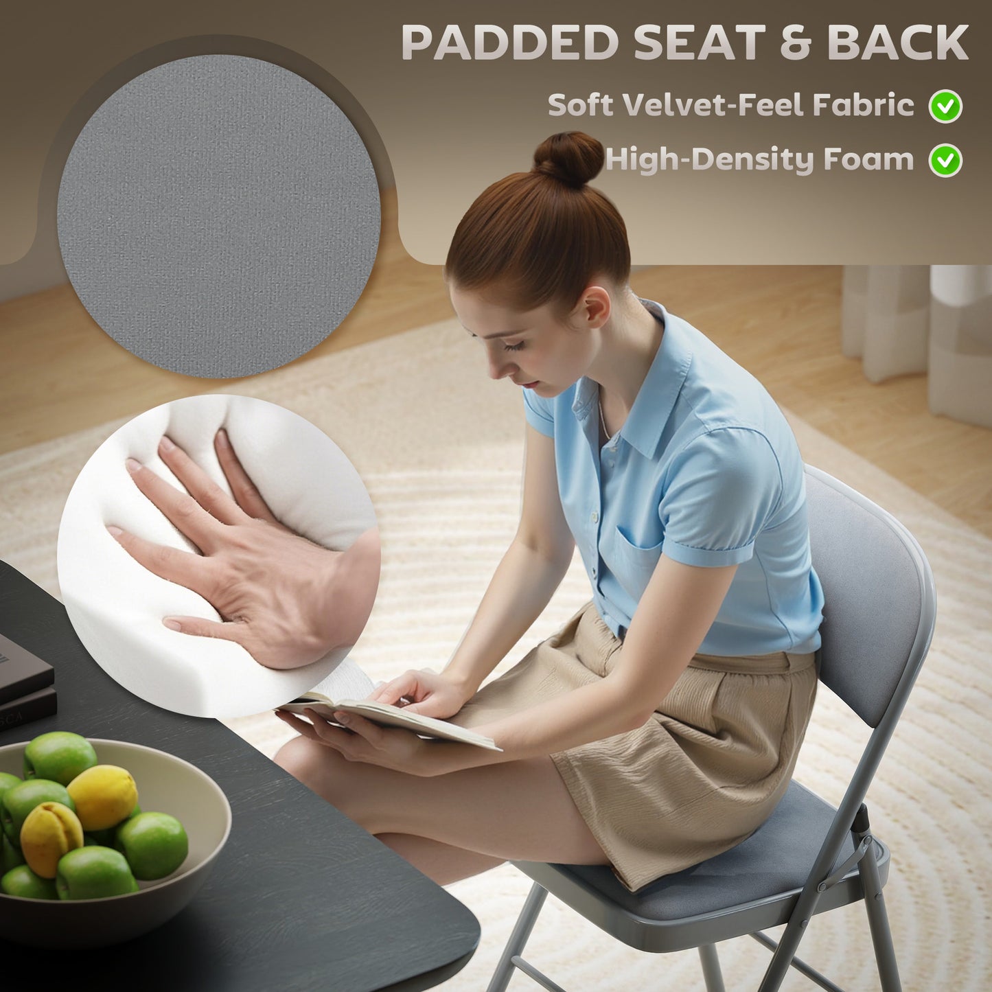 Folding Chairs Set of 4, Foldable Chairs with Cushions, Light Grey