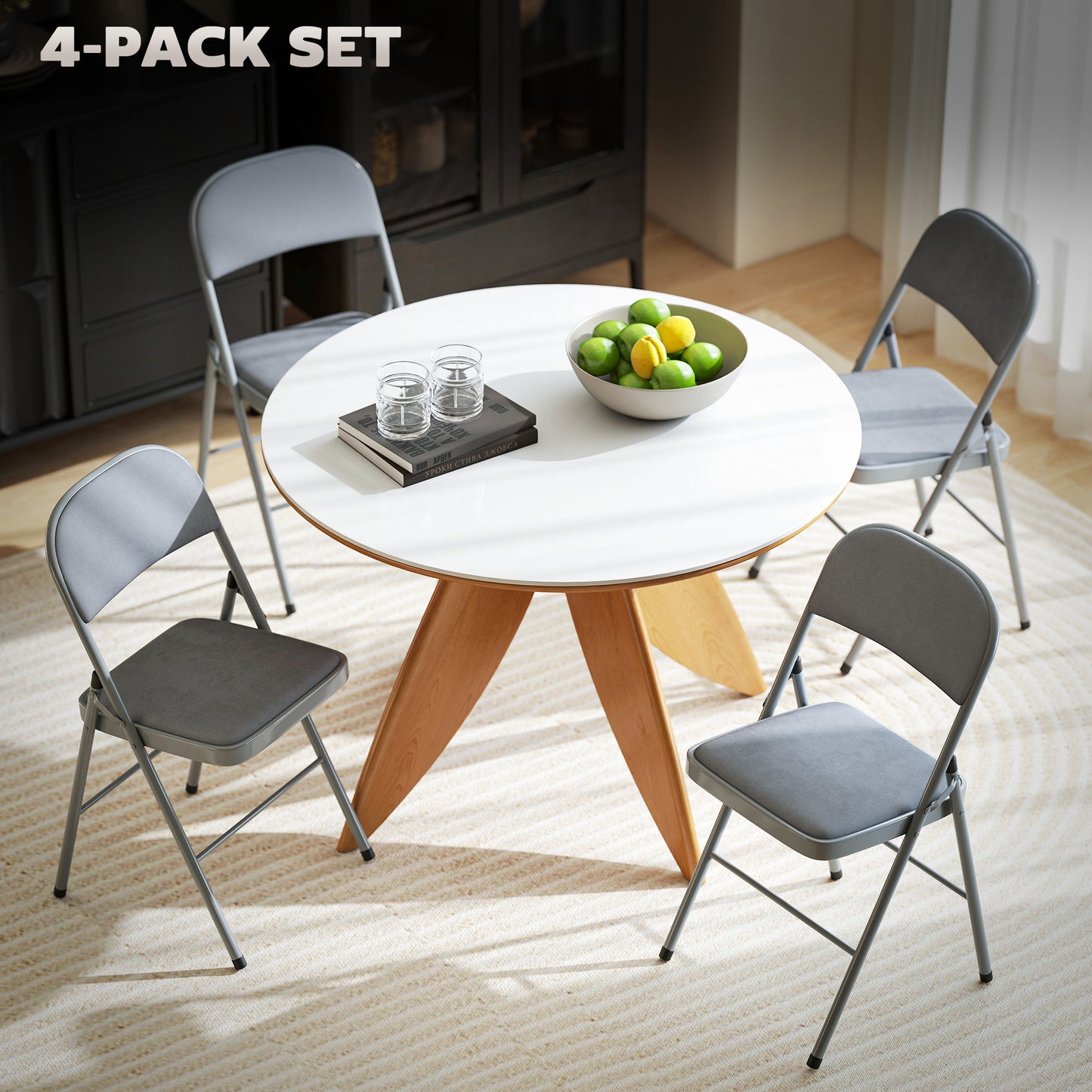 Folding Chairs Set of 4, Foldable Chairs with Cushions, Light Grey