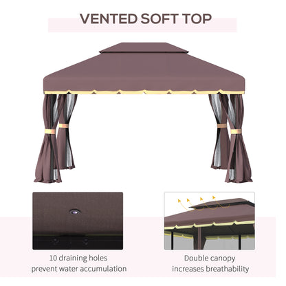 Outsunny 3 x 4m Aluminium Garden¬¨‚Ä†Gazebo, Marquee Canopy Shelter Pavilion Party Tent with Nets and Curtains for Garden, Lawn, Backyard and Deck, Coffee