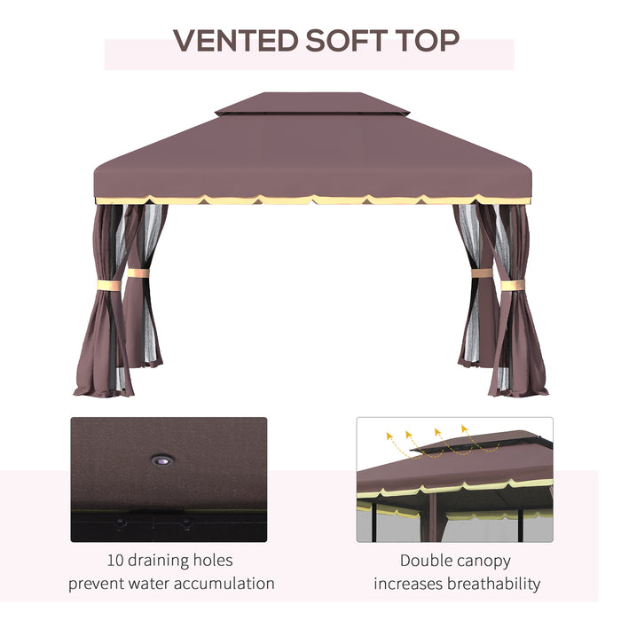 3 x 4m Aluminium Alloy Gazebo Marquee Canopy Pavilion Patio Garden Party Tent Shelter with Nets and Sidewalls - Coffee