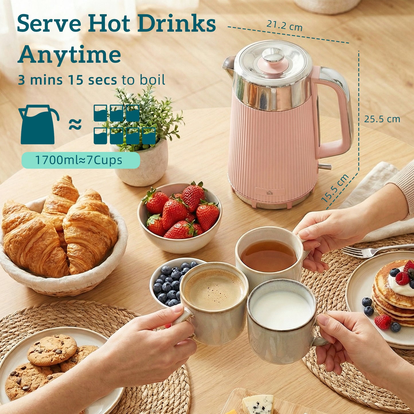 1.7L 3000W Rapid Boil Kettle and 4 Slice Toaster Set Crumb Tray Pink