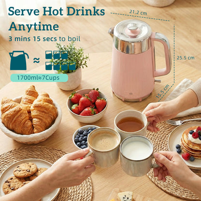 1.7L 3000W Rapid Boil Kettle and 4 Slice Toaster Set Crumb Tray Pink