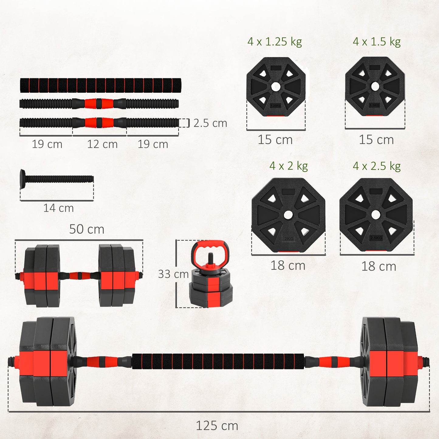 4-in-1 Adjustable Weight Dumbbells Set, 30kg Free Weights Set, Red