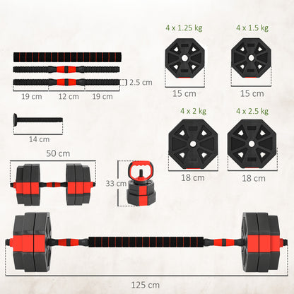 4-in-1 Adjustable Weight Dumbbells Set, 30kg Free Weights Set, Red