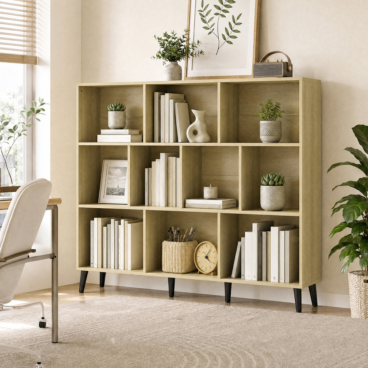 3-Tier Bookshelf with 10 Cubbies, Book Shelf with Wood Legs, Oak
