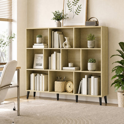 3-Tier Bookshelf with 10 Cubbies, Book Shelf with Wood Legs, Oak