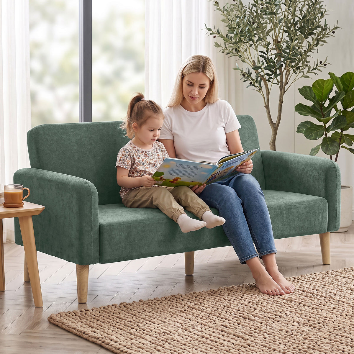 2 Seater Sofa, Velvet Small Couch with Plush Backrest, Dark Green