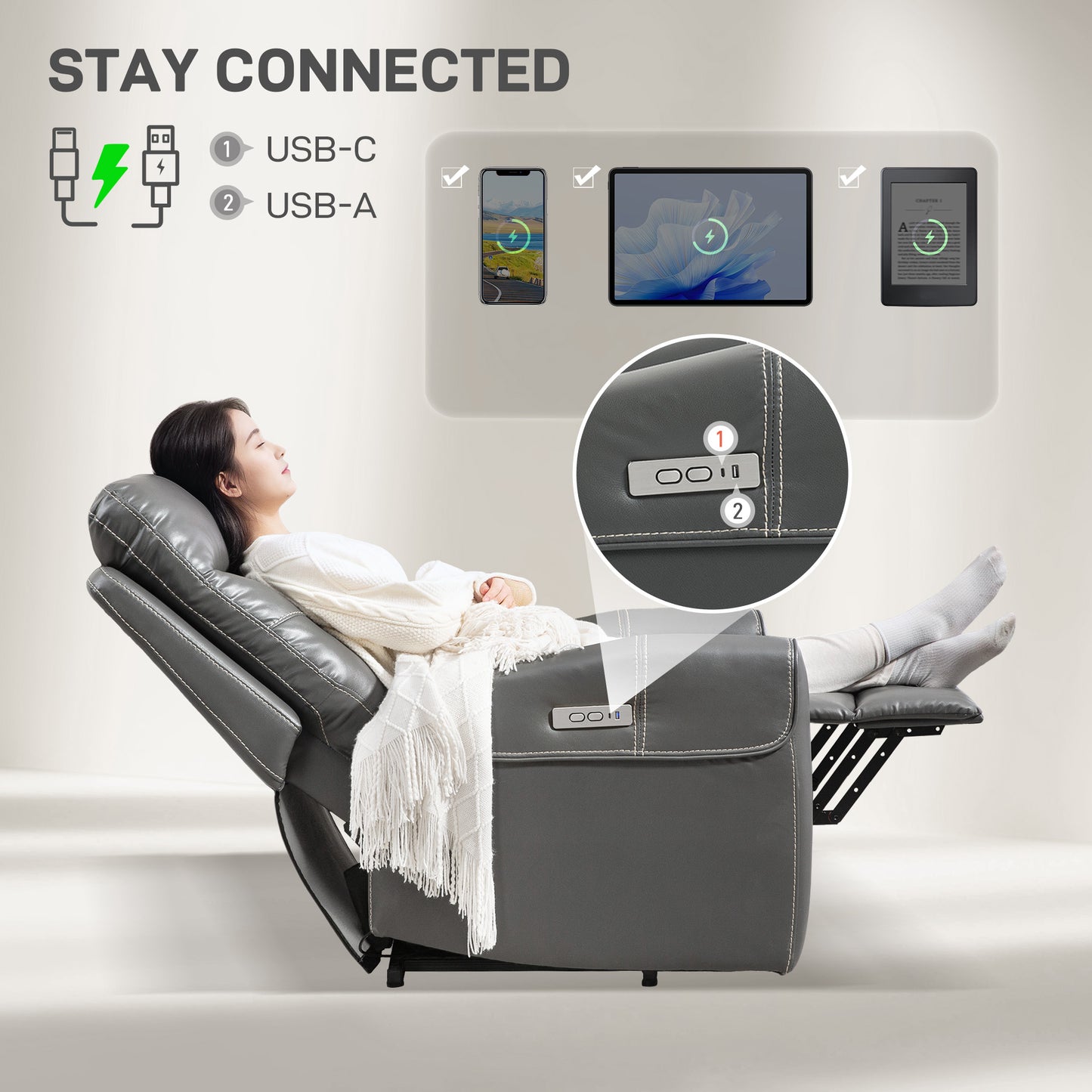 Overstuffed Riser and Reclining Chair with USB Ports, Remote, Grey
