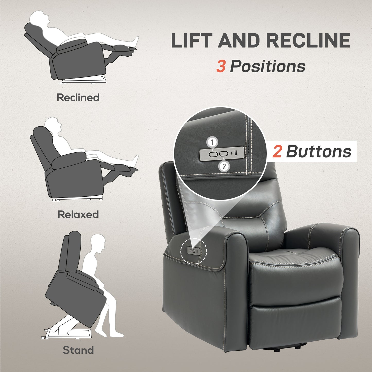 Overstuffed Riser and Reclining Chair with USB Ports, Remote, Grey
