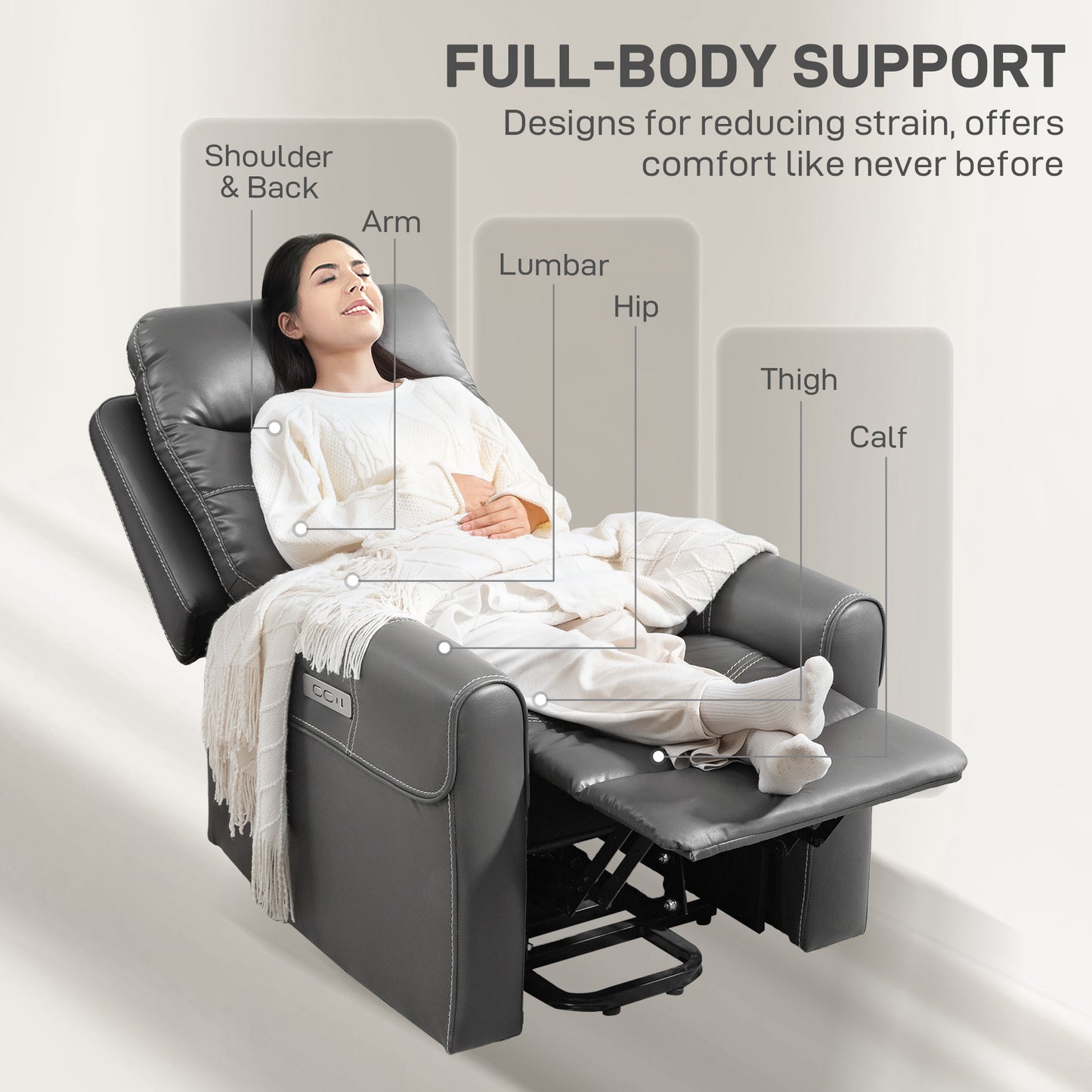Overstuffed Riser and Reclining Chair with USB Ports, Remote, Grey