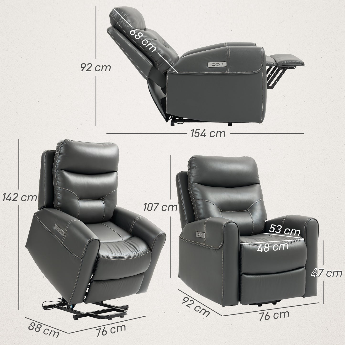 Overstuffed Riser and Reclining Chair with USB Ports, Remote, Grey