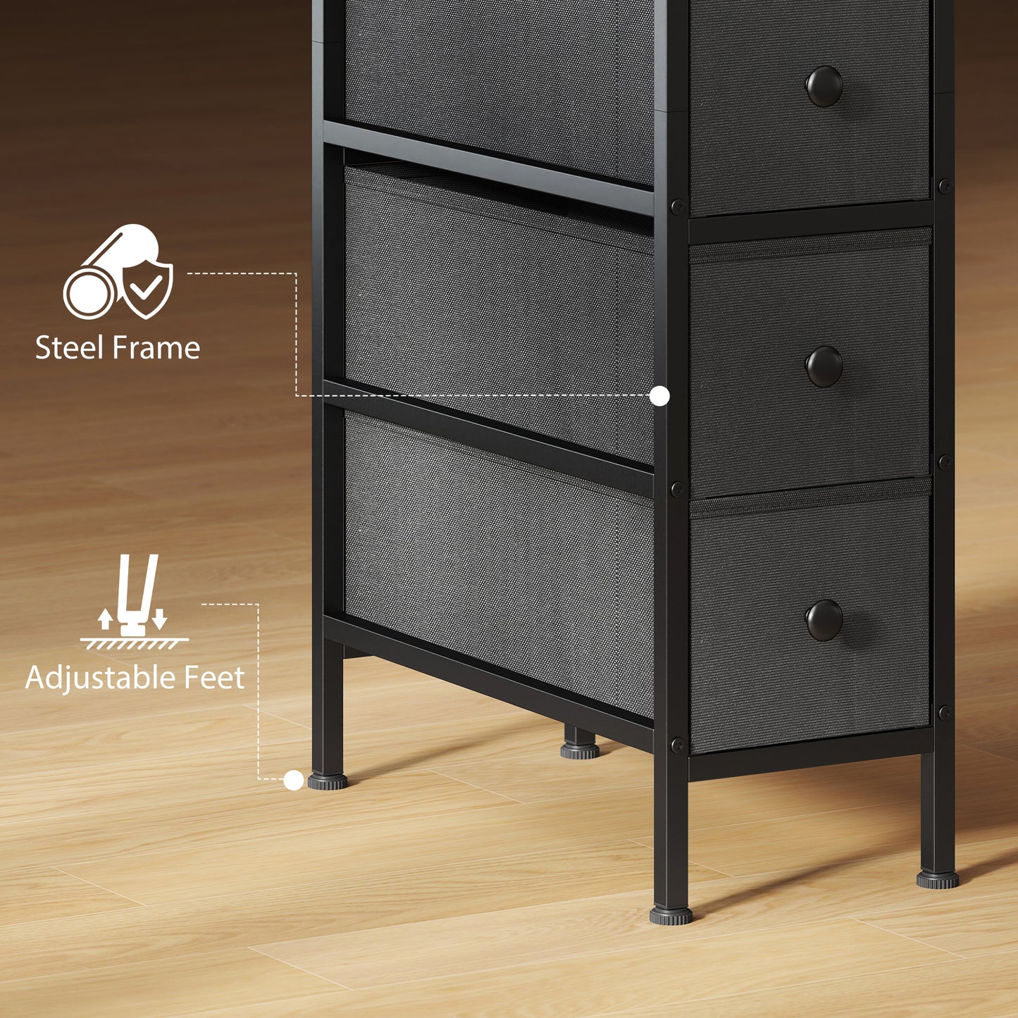 Narrow 4 Drawer Dresser with Steel Frame, Chest of Drawers, Black
