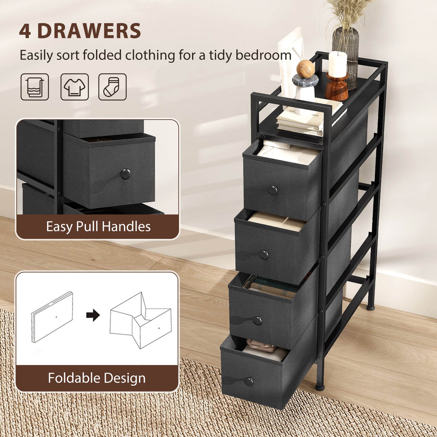 Narrow 4 Drawer Dresser with Steel Frame, Chest of Drawers, Black