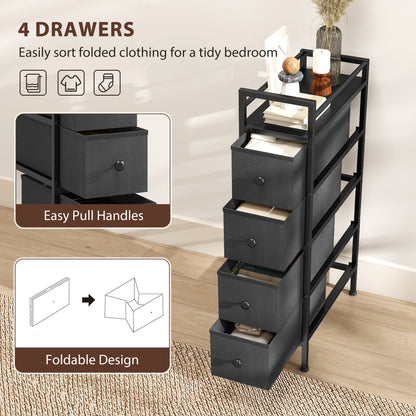 Narrow 4 Drawer Dresser with Steel Frame, Chest of Drawers, Black