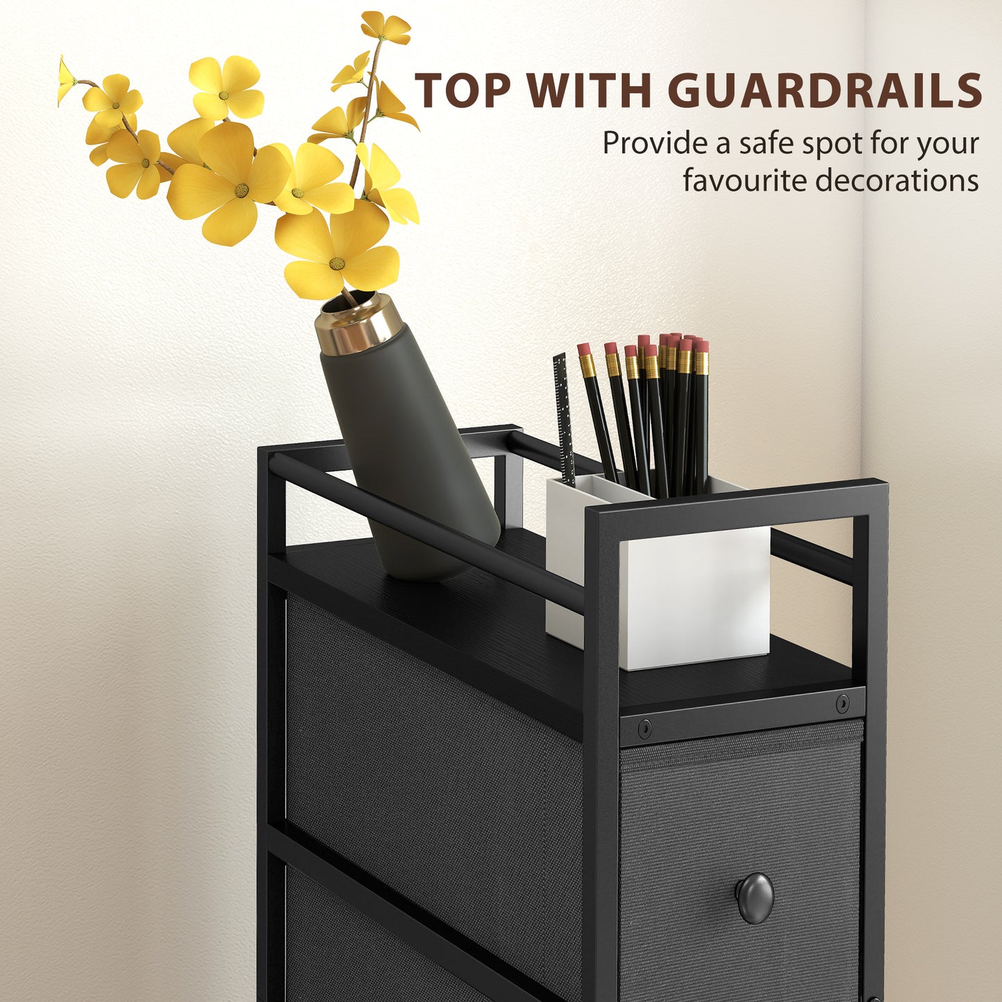 Narrow 4 Drawer Dresser with Steel Frame, Chest of Drawers, Black