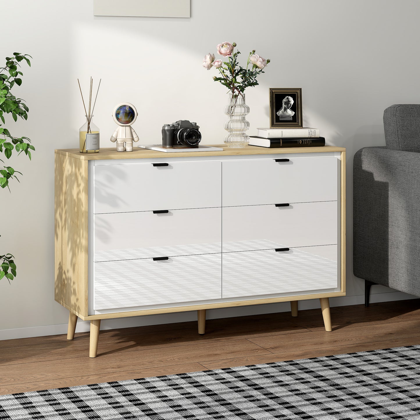 Storage Cabinet with 6 Drawers and 5 Legs, High Gloss White