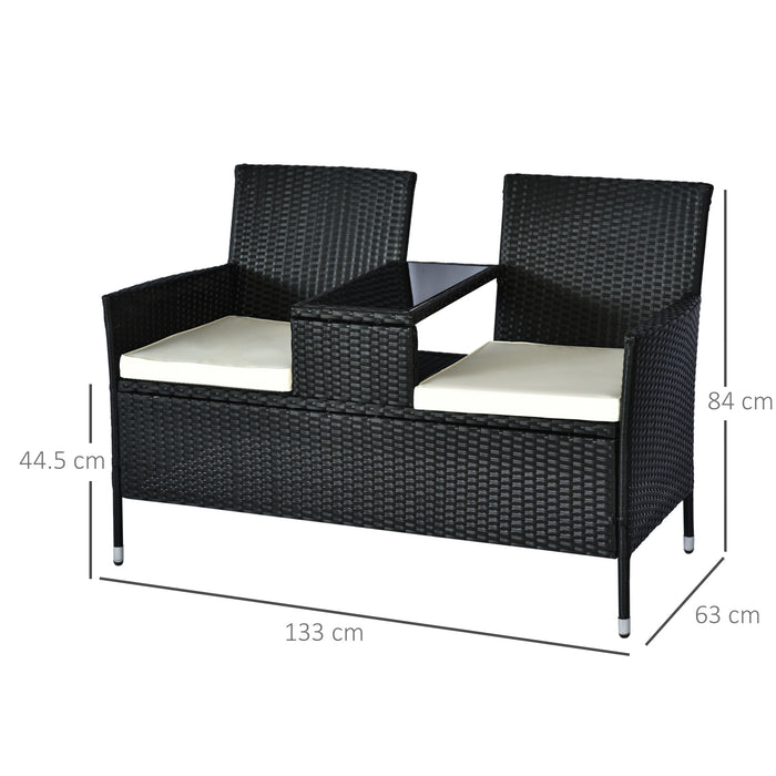 2 Seater Rattan Campanion Chair Wicker Loveseat Outdoor Patio Armchair with Drink Table Garden Furniture - Black