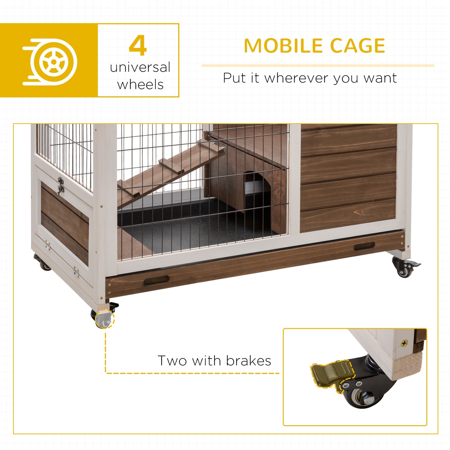 Rabbit Cages, Guinea Pig Hutch w/ Roof & Wheels, No-Leak Tray, Brown