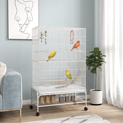 Bird Cage with Stand, Wheels, Toys, for Budgies, Finches, White