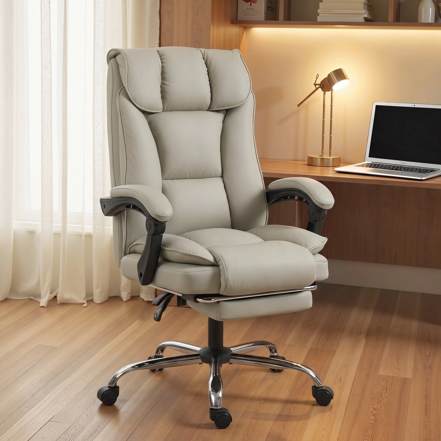 Pet-Friendly Leather Recliner Computer Chair with Footrest, Khaki