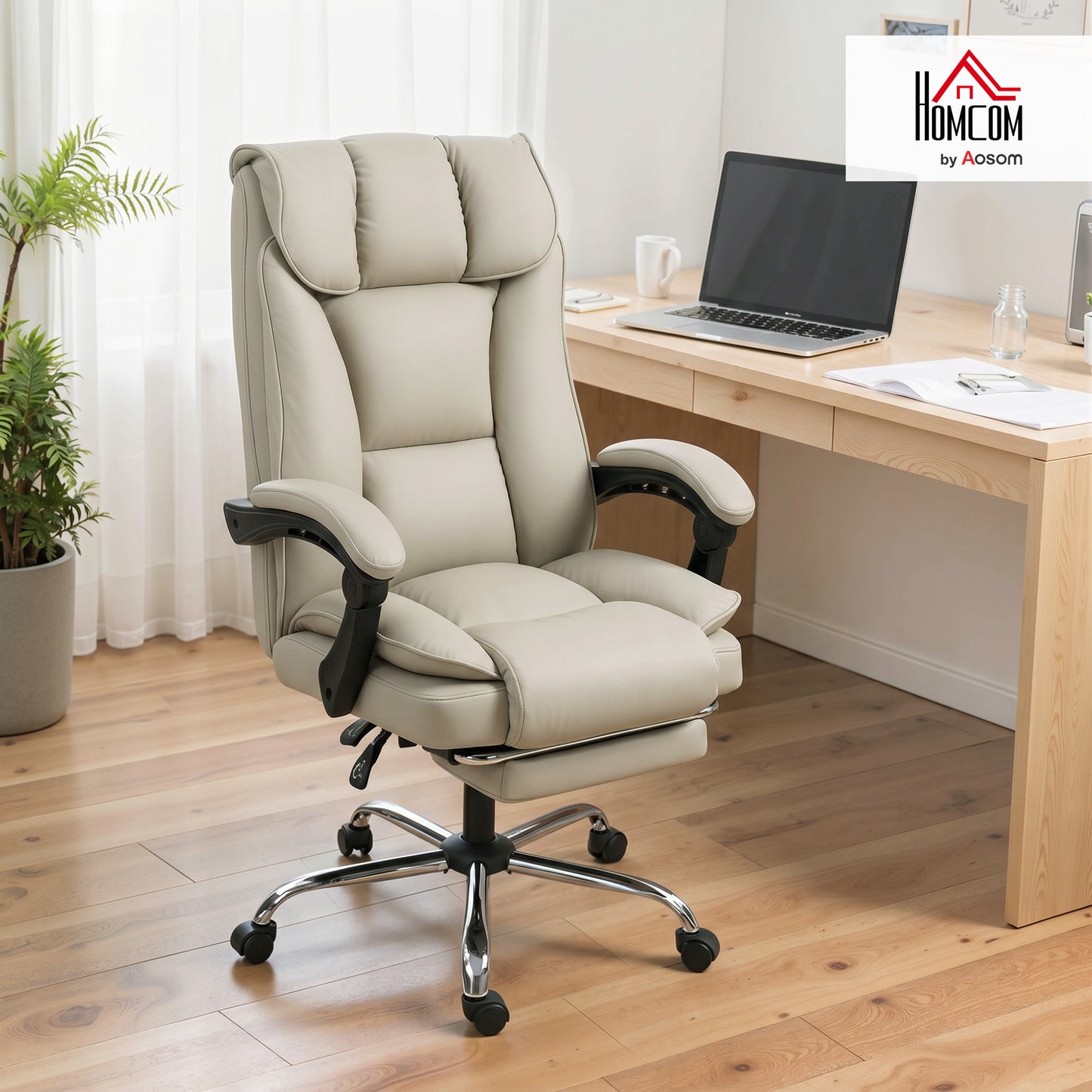 Pet-Friendly Leather Recliner Computer Chair with Footrest, Khaki