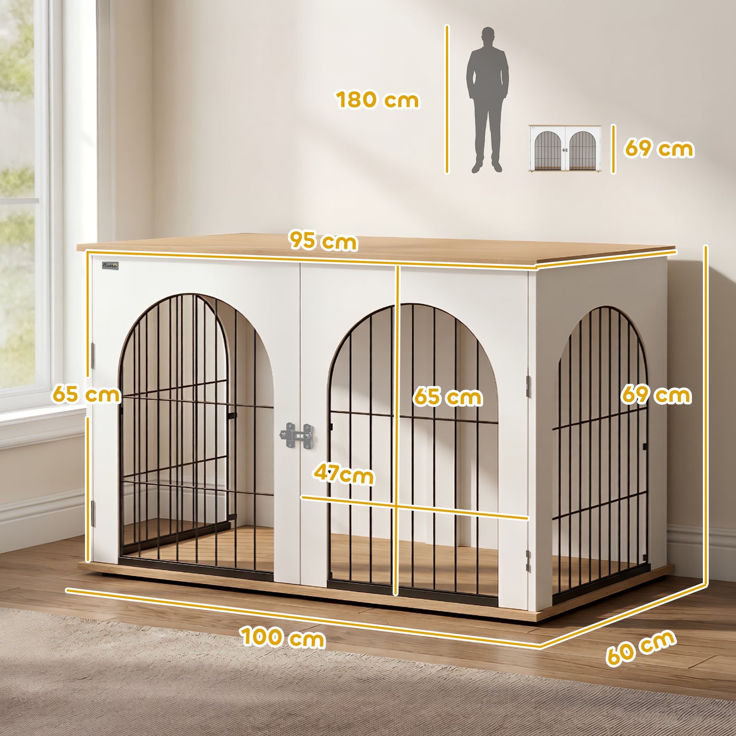 Dog Crate Furniture, Indoor Dog Cage with Double Doors for Large Breeds, Pet Kennel End Side Table with Arched Door Design, 100 x 60 x 69 cm, White