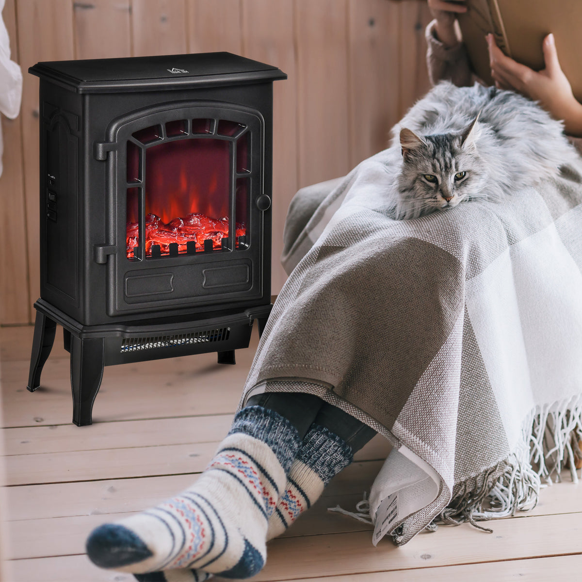 Freestanding Electric Fireplace Heater W/ Realistic Flame Effect Black