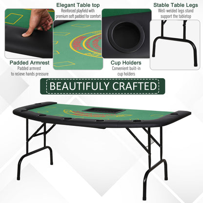 7 Player Poker Table, 182 cm Folding Blackjack Table with Chip Tray, Cup Holders, Padded Rails, Portable Half-shape Card Game Tables with Felt Top and Metal Base, Green