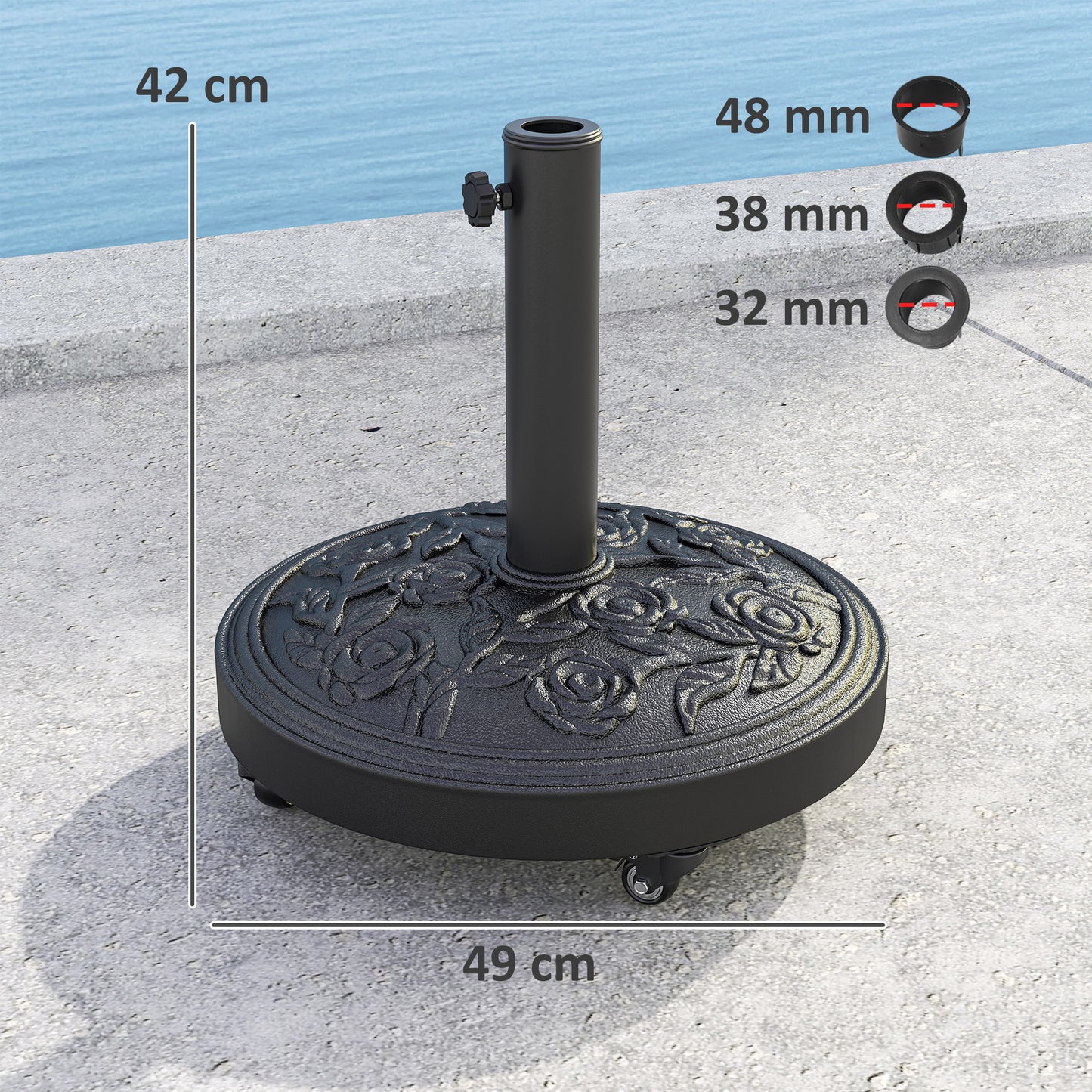 Parasol Base with Wheels, Floral Rose Pattern, Black