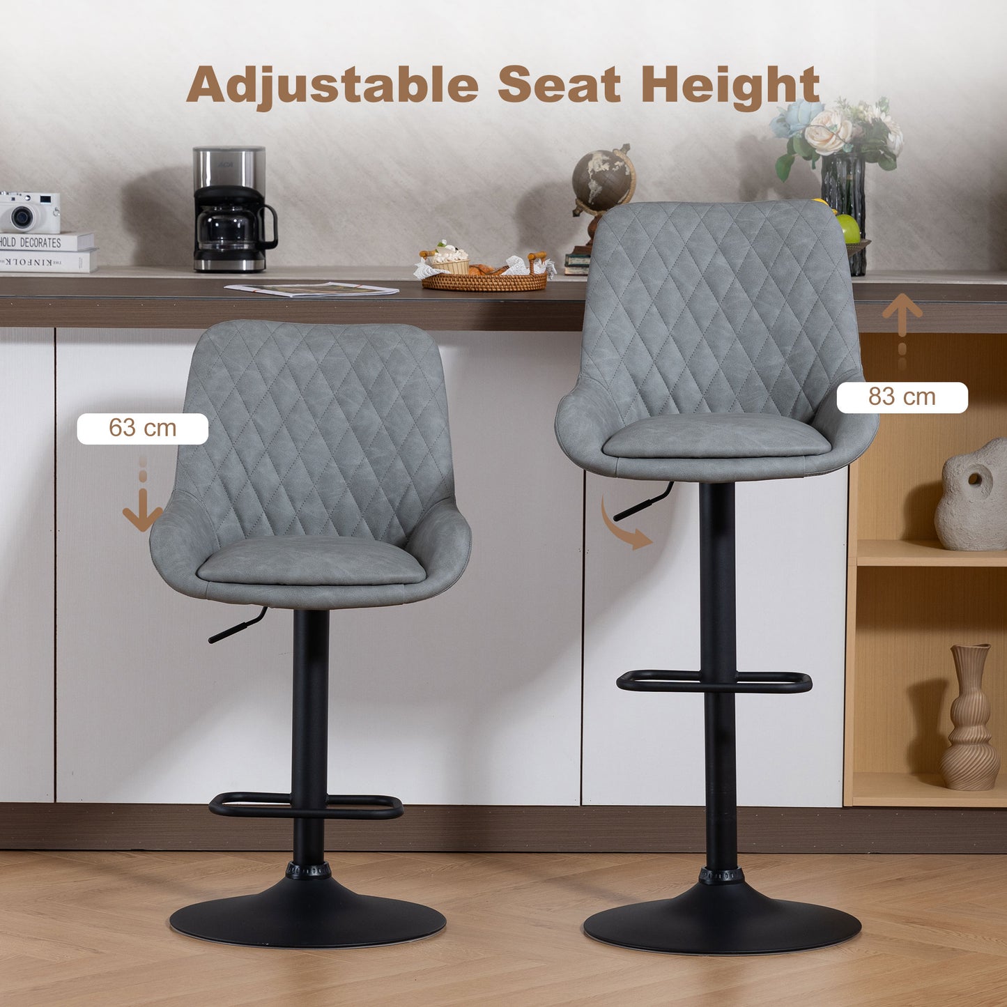Bar Stools Set of 2, Adjustable Bar Chairs Swivel Light Grey
