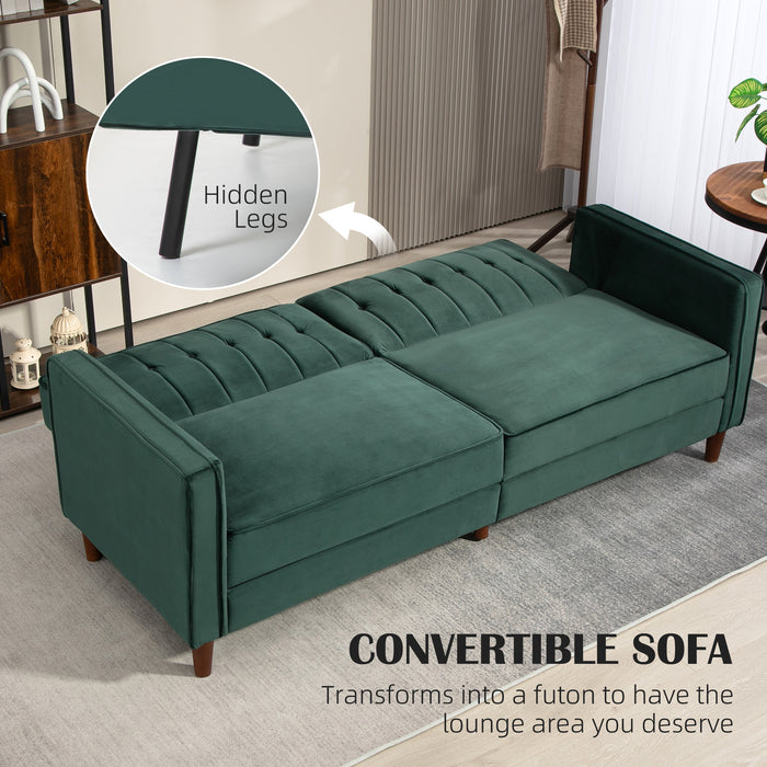 Three Seater High Comfort Convertible Sofa - Futon Velvet-Touch Tufted Couch Sofa Bed Green