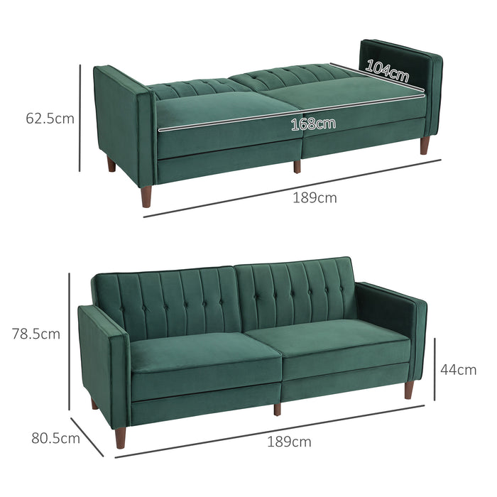 Three Seater High Comfort Convertible Sofa - Futon Velvet-Touch Tufted Couch Sofa Bed Green