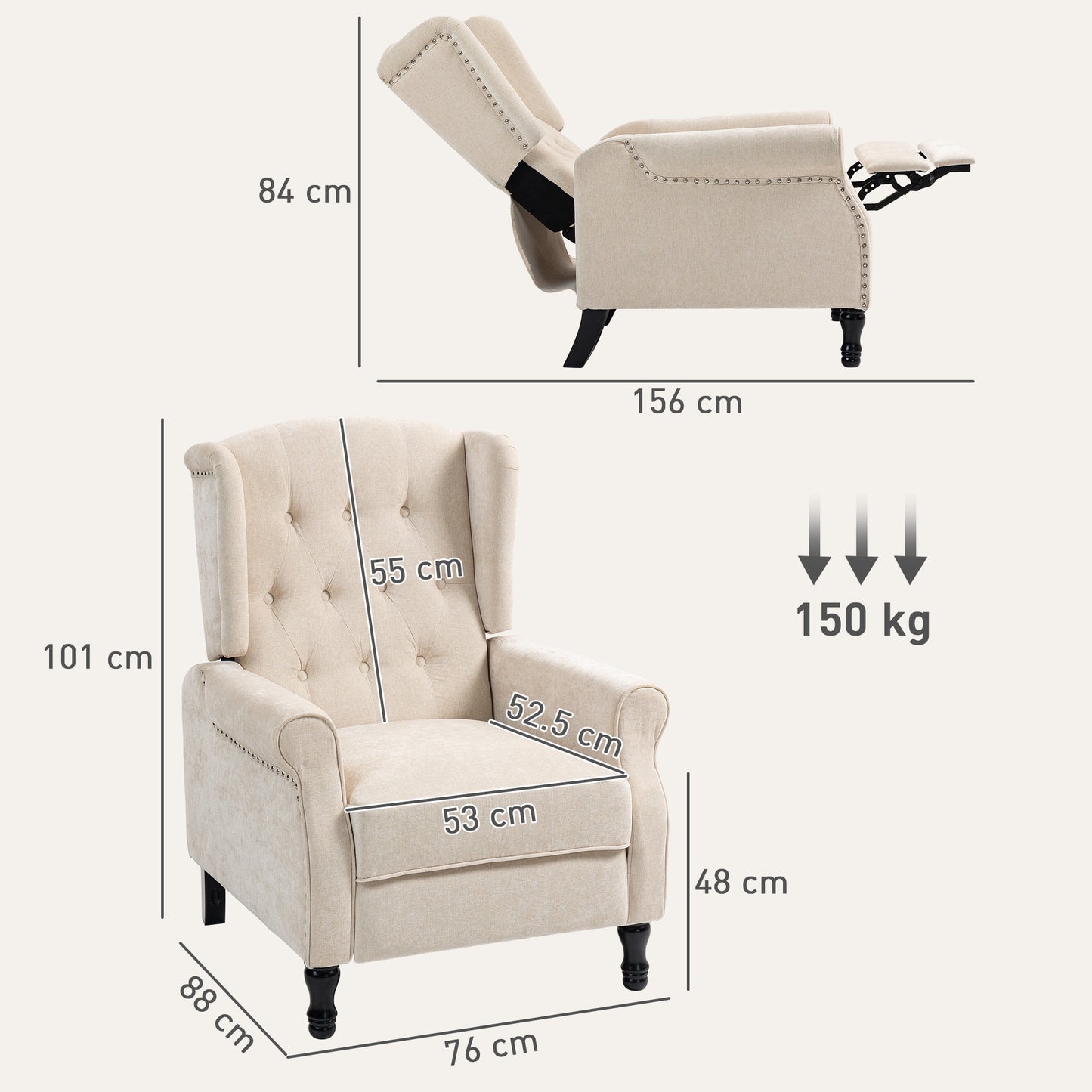 Manual Reclining Armchair Recliner with Footrest Beige