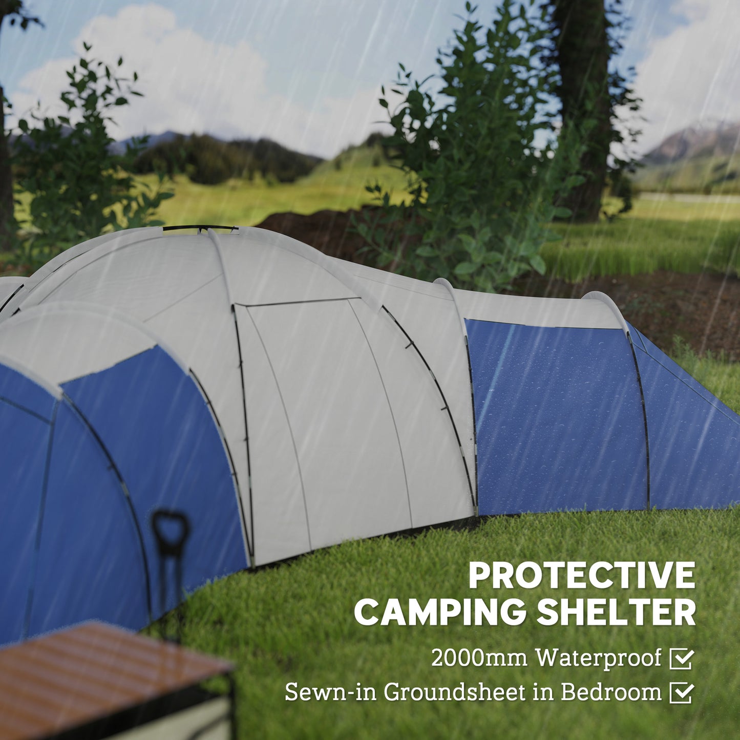 Large Tunnel Tent with 3 Bedroom, Living Area and Porch, Blue