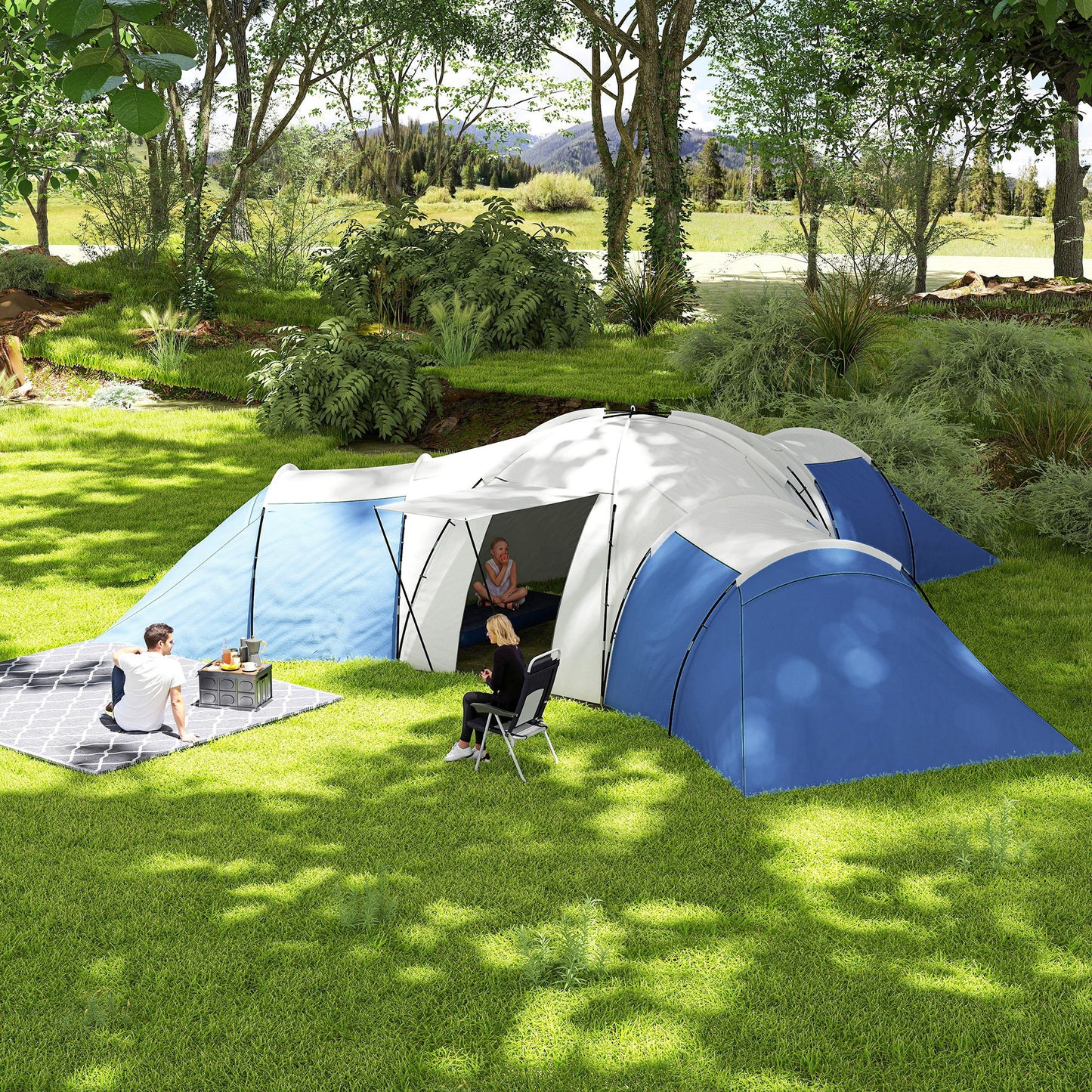 Large Tunnel Tent with 3 Bedroom, Living Area and Porch, Blue