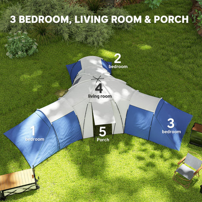 Large Tunnel Tent with 3 Bedroom, Living Area and Porch, Blue
