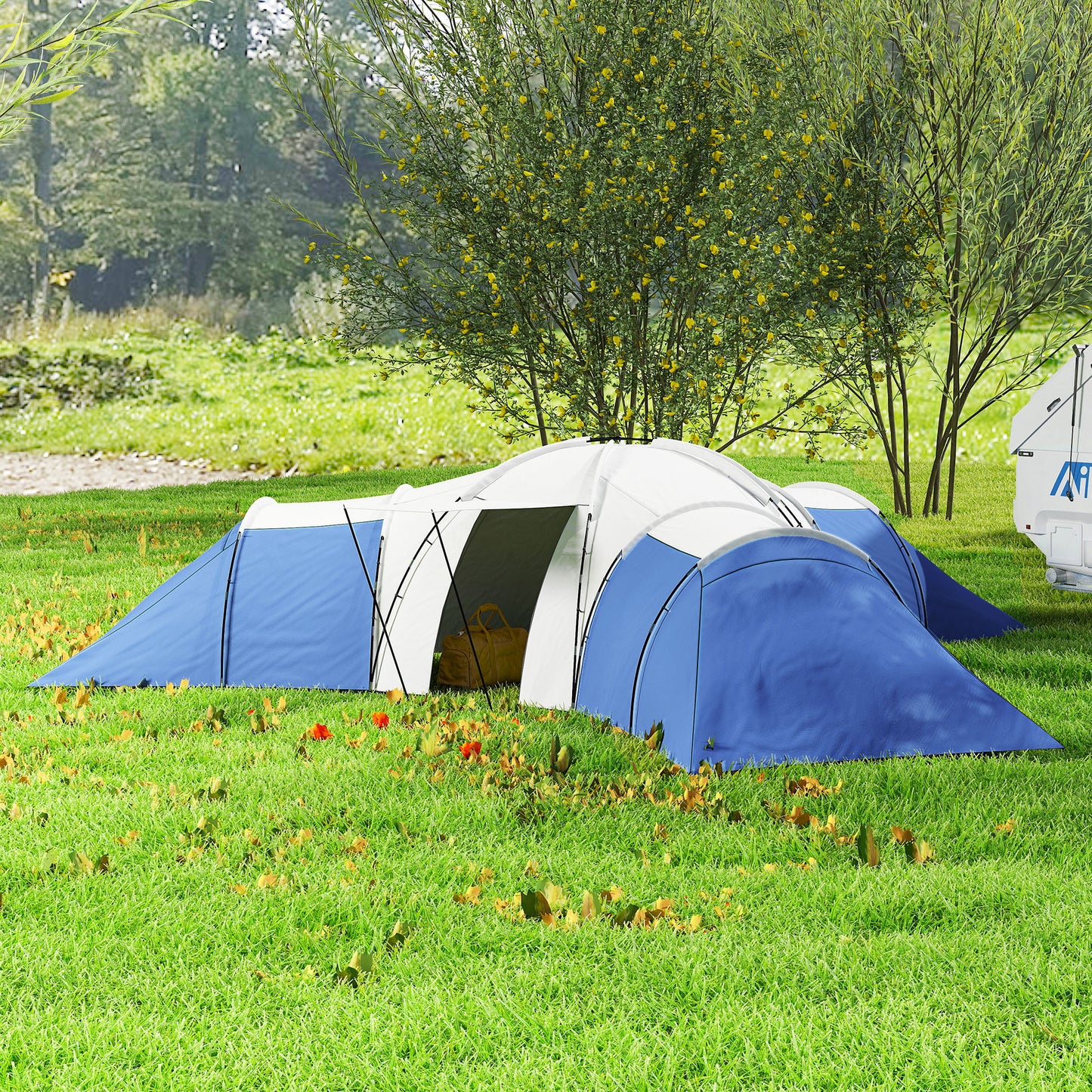 Large Tunnel Tent with 3 Bedroom, Living Area and Porch, Blue