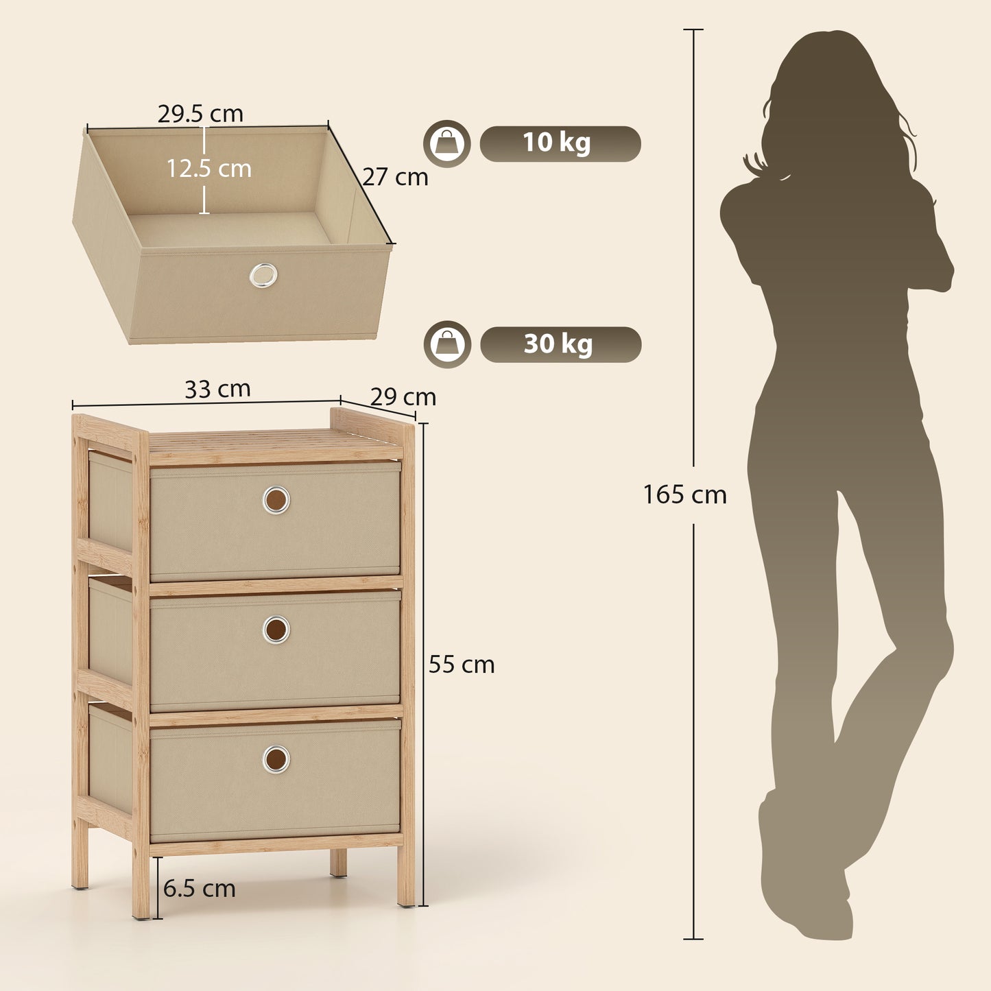 Chest of Drawers, 3 Drawers Dresser with Bamboo Frame, Cream White